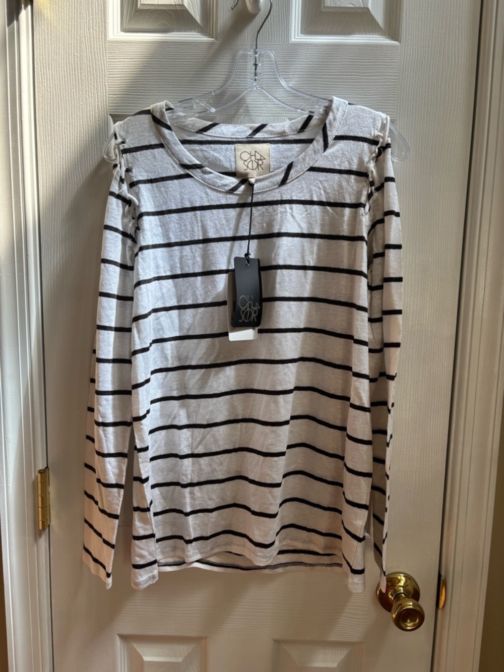 CHASER Striped Long Sleeve in White & Black w/ Shoulder Stitching, Size L, NWT